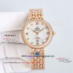 AAA replica Omega De Ville rose gold diamond bezel pearl shell face ladies watch 